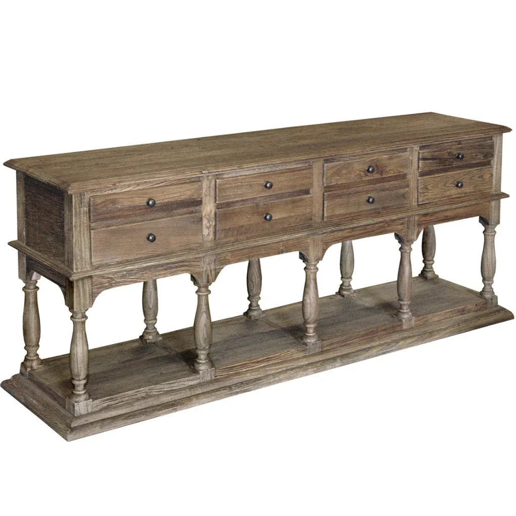 Rustic farmhouse sideboard with distressed wood finish and turned legs