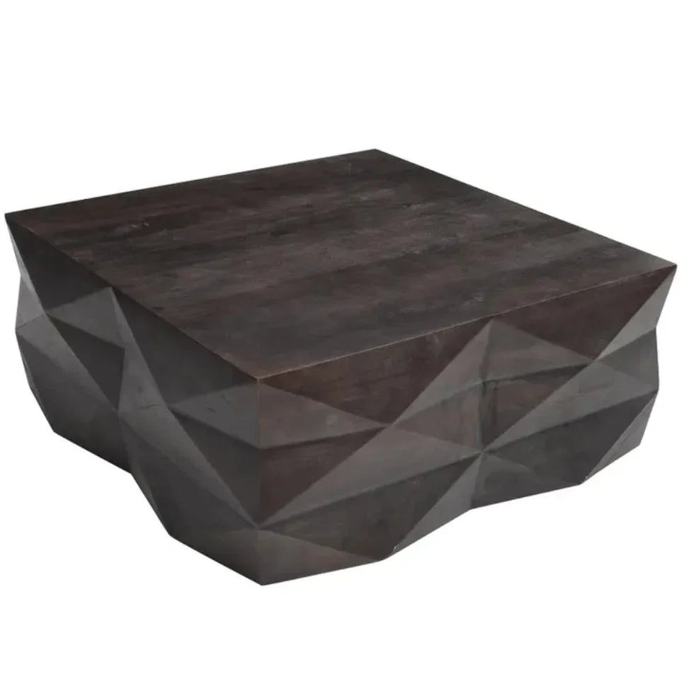 Geometric dark wood coffee table with faceted design, modern rustic style