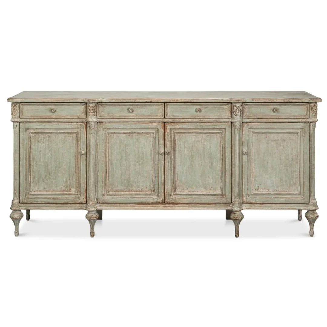 Distressed sage green sideboard with ornate legs and vintage farmhouse style
