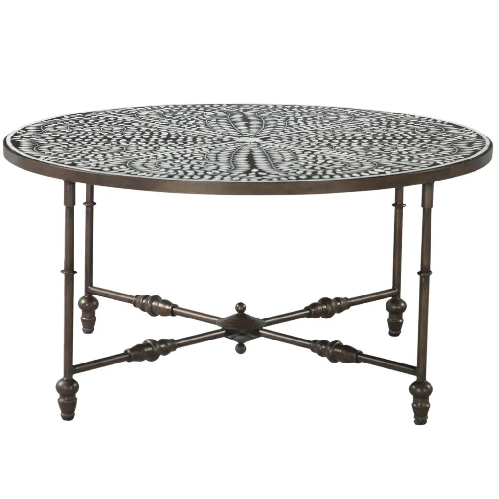 Round mosaic coffee table with ornate metal base, French country style