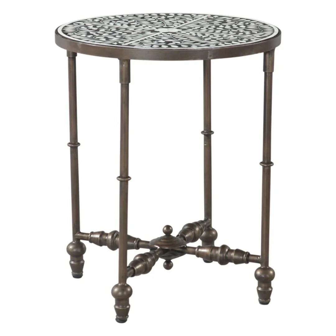 Round side table with black and white mosaic top and ornate metal legs, perfect for French country or shabby chic decor