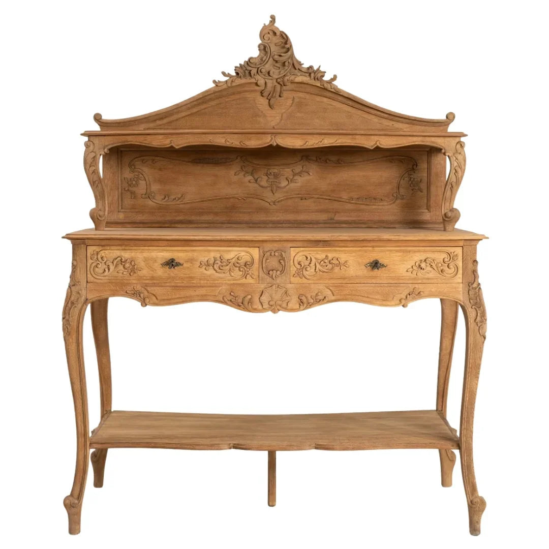 Elegant antique French country console table with carved details, two drawers, and lower shelf for entryway or hallway