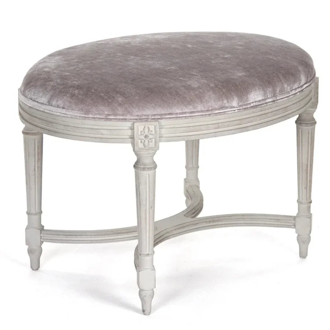 Elegant oval ottoman with velvet cushion and distressed gray finish, French country style
