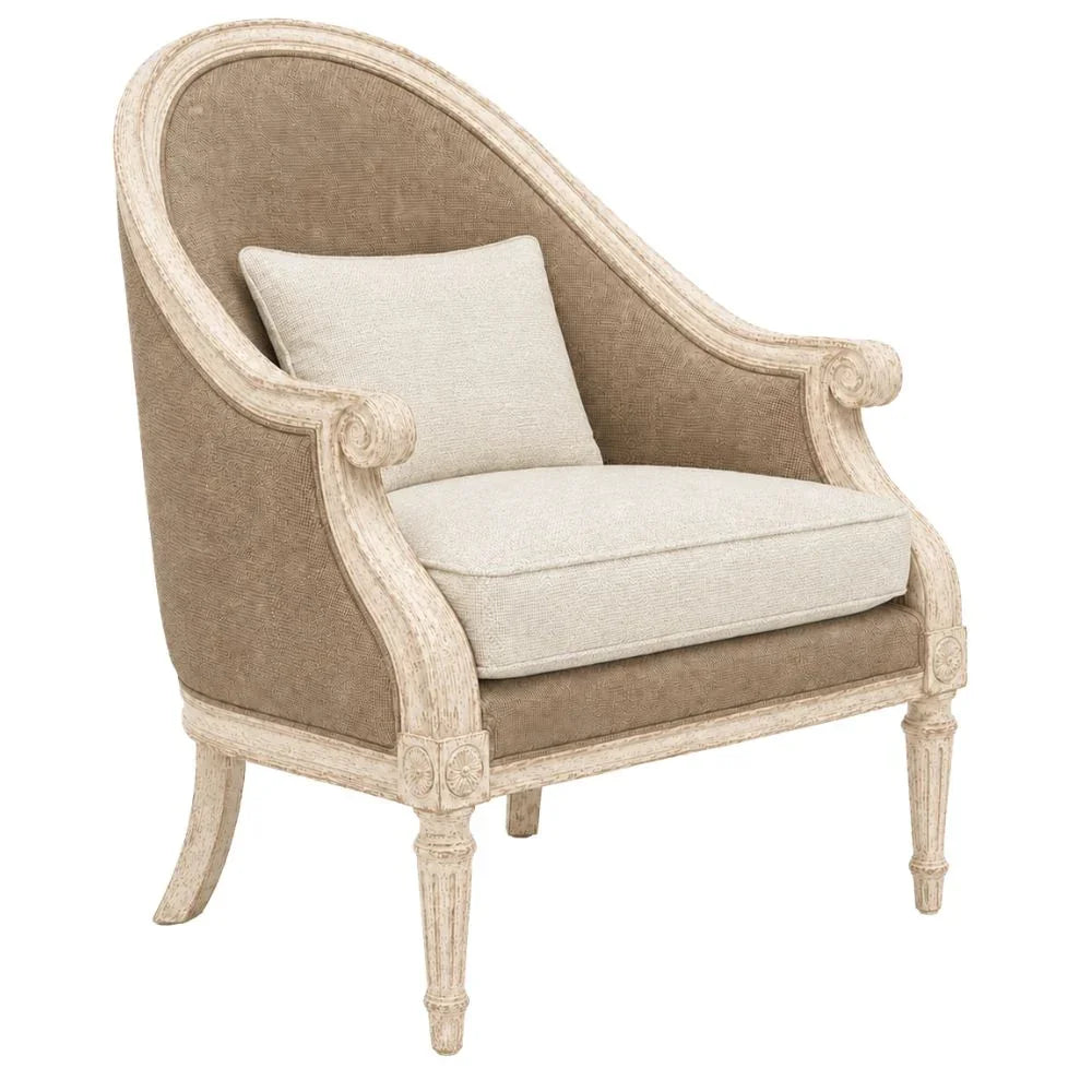 French country armchair with distressed white frame and beige upholstery, shabby chic style
