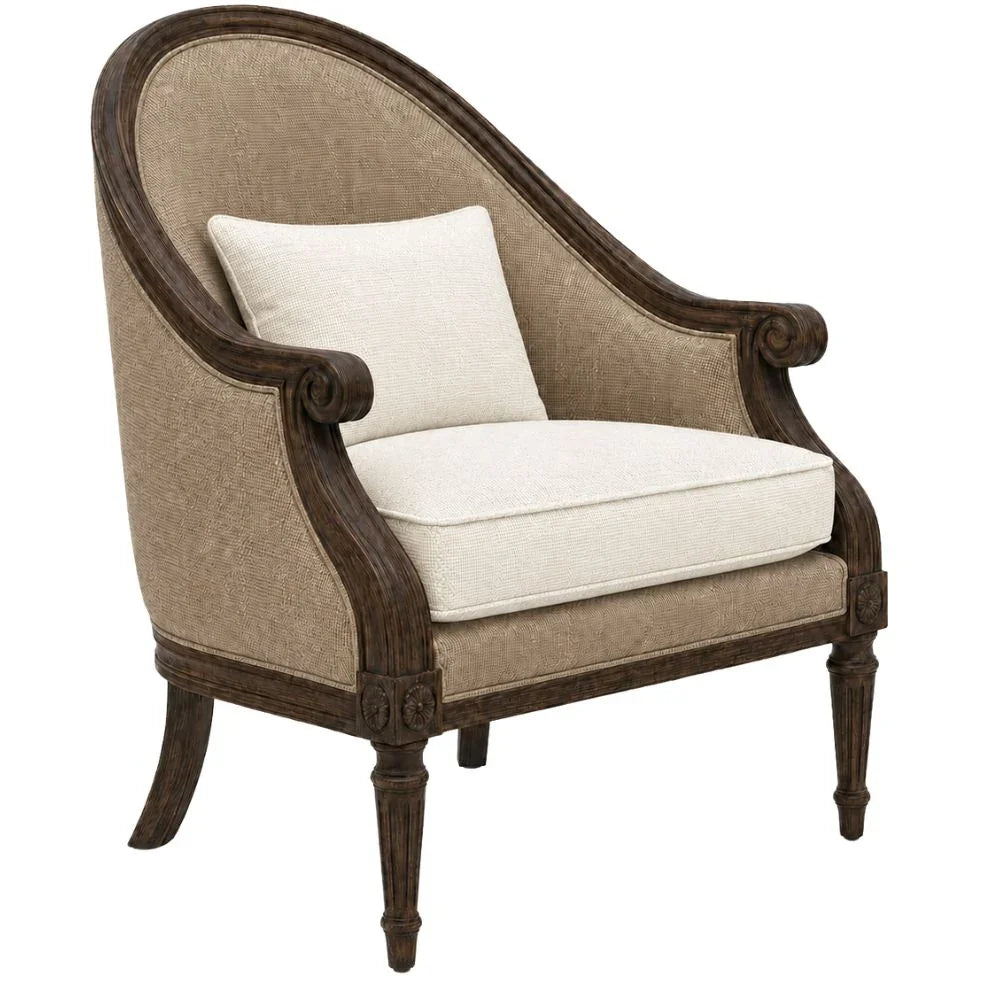 French country armchair with dark wood frame, beige upholstery, and cream cushion, perfect for shabby chic or farmhouse decor