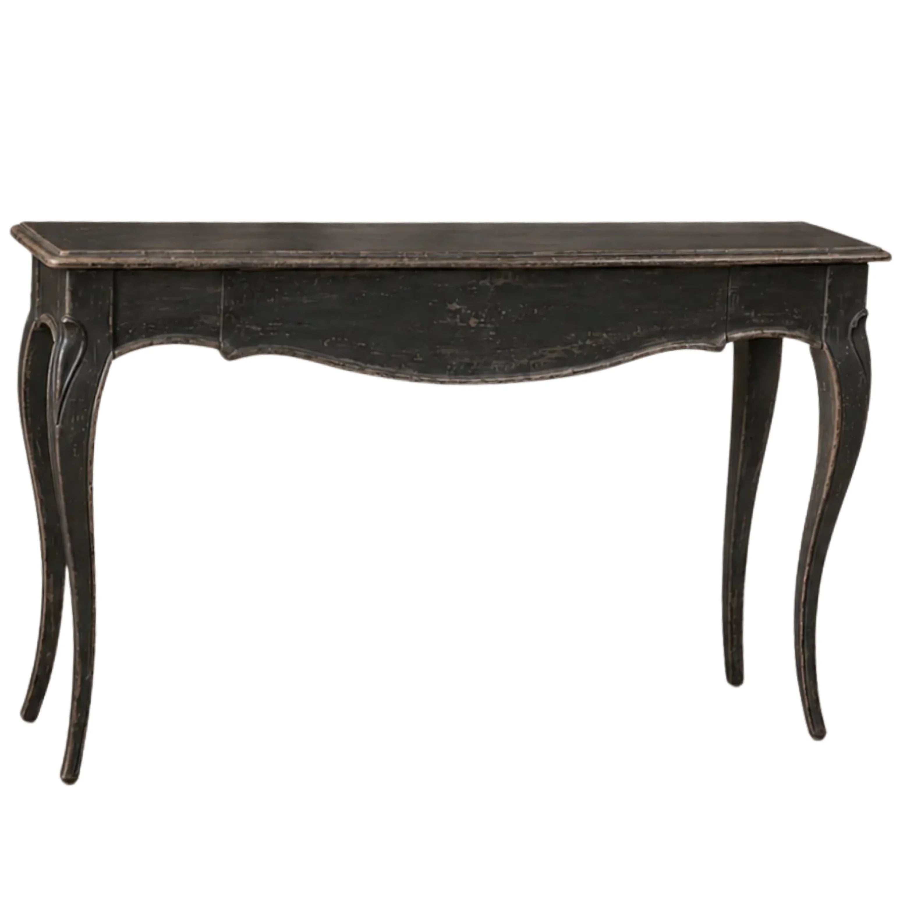 Distressed black French country console table with curved legs and shabby chic finish