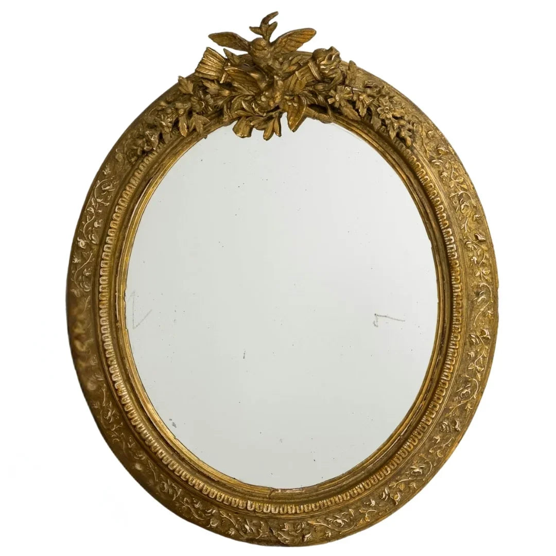 French Carved Bird Crest Gilded Oval Mirror, Circa 1900