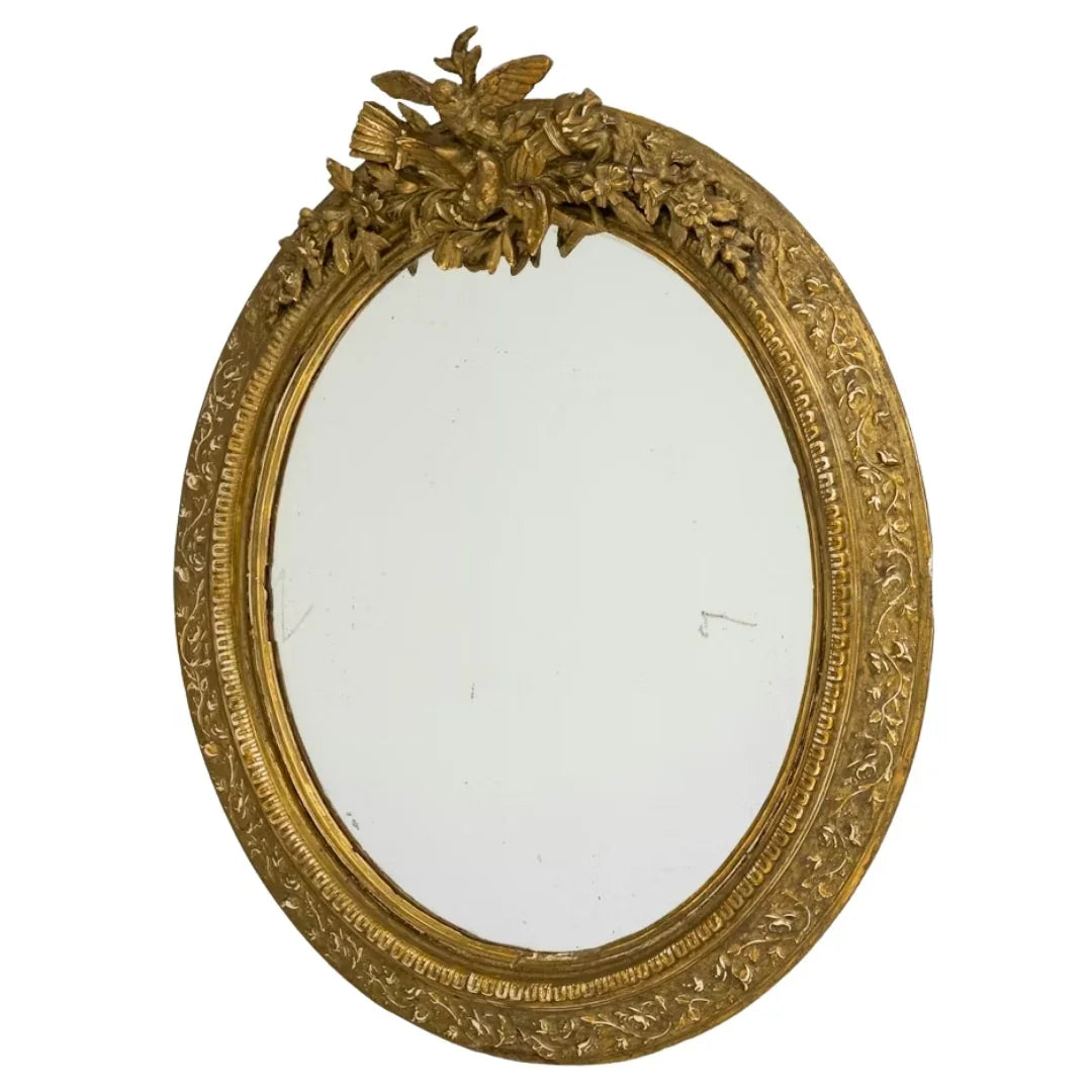 French Carved Bird Crest Gilded Oval Mirror, Circa 1900