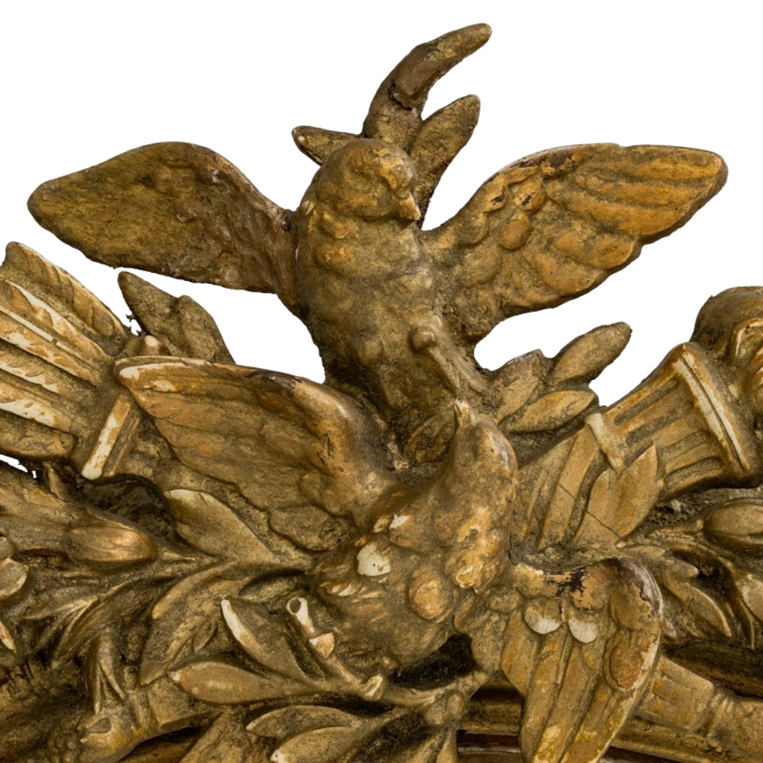 French Carved Bird Crest Gilded Oval Mirror, Circa 1900