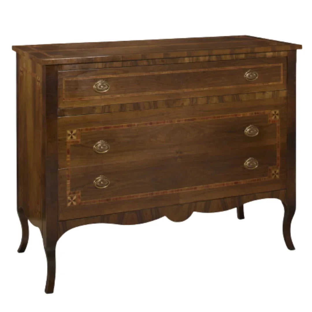 French country wooden dresser with inlay details and brass handles, elegant curved legs