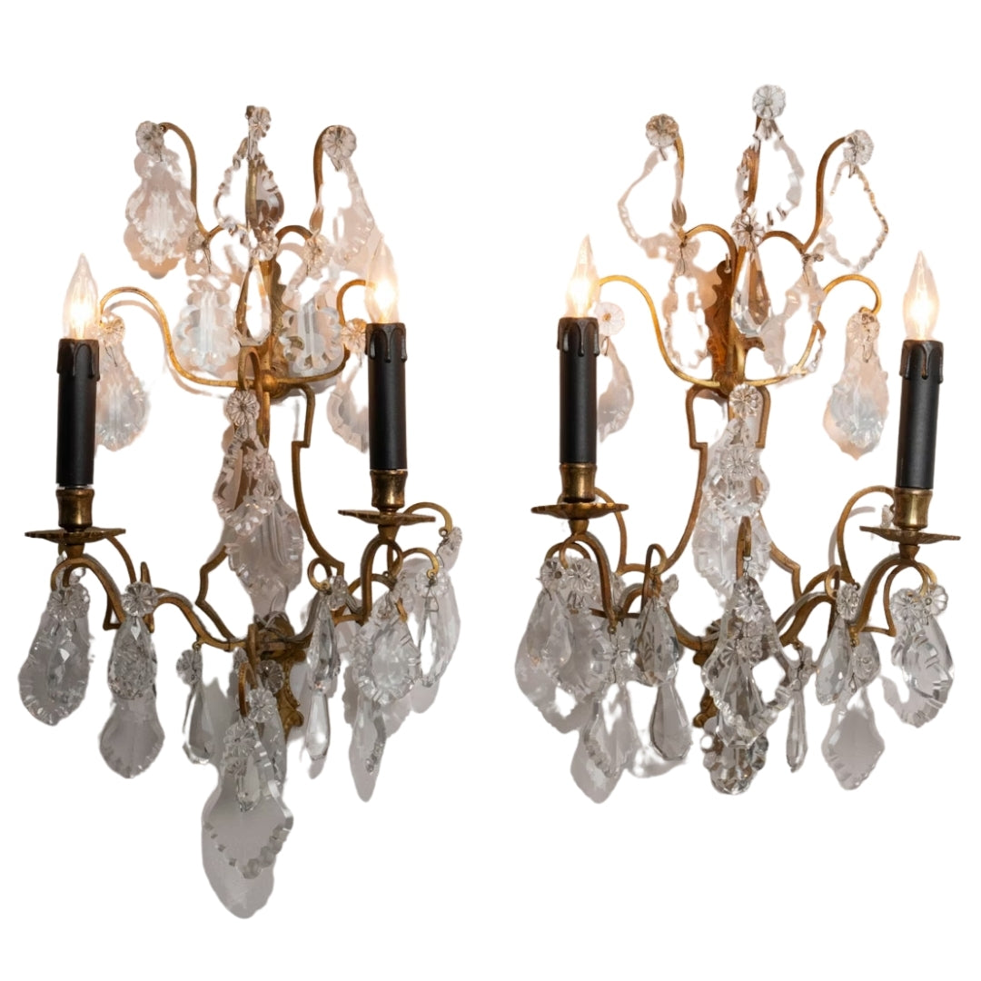 French Antique Gilded Crystal Wall Sconces, Circa 1940 - Set