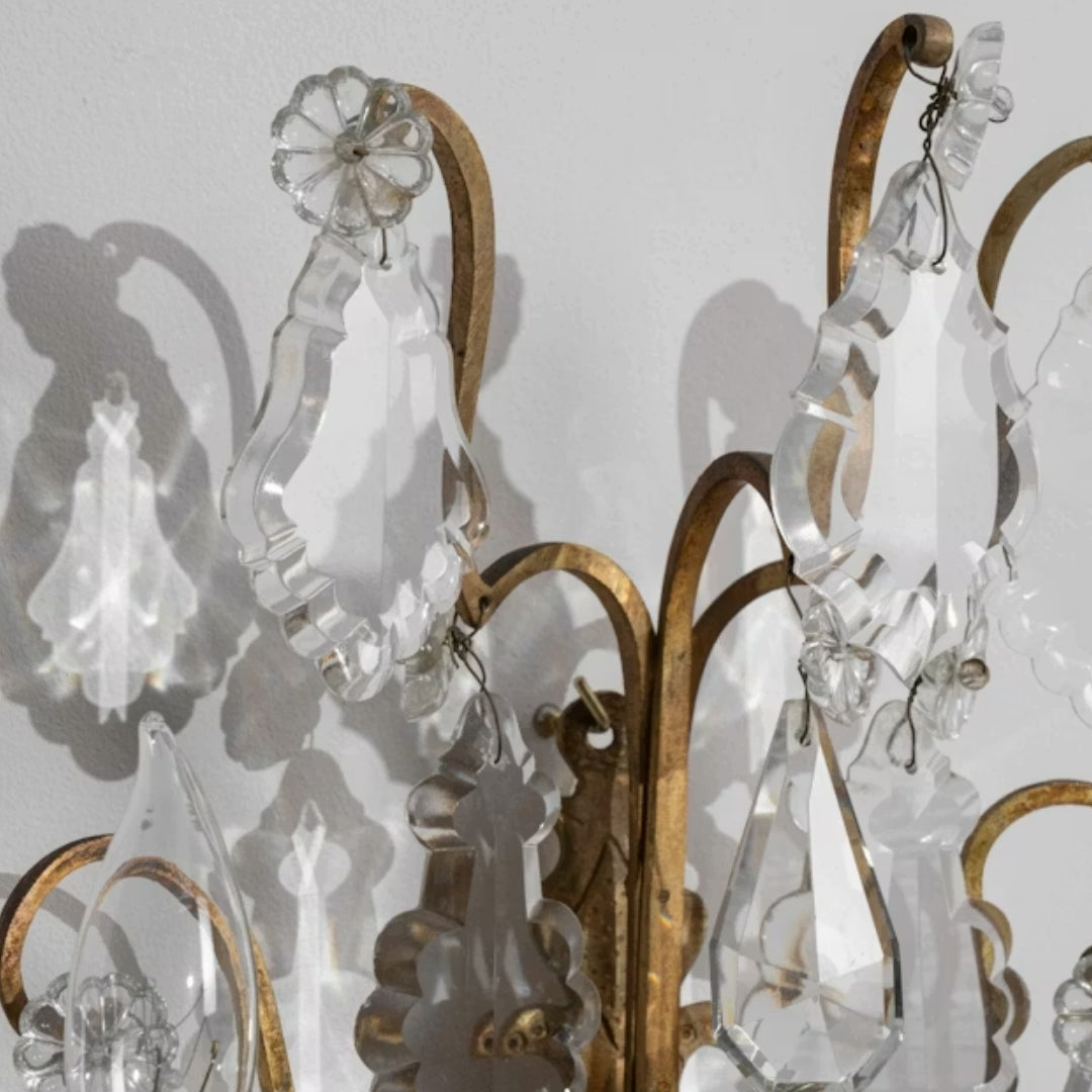 French Antique Gilded Crystal Wall Sconces, Circa 1940 - Set