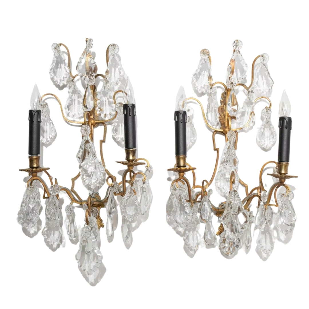 French Antique Gilded Crystal Wall Sconces, Circa 1940 - Set
