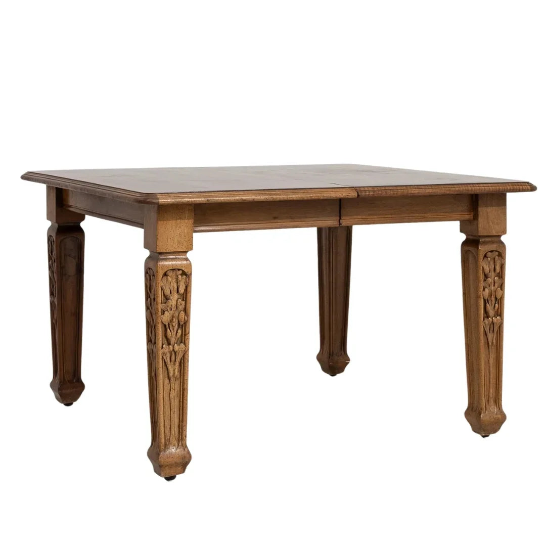 Hand-carved wooden extension dining table with ornate legs, French country style furniture