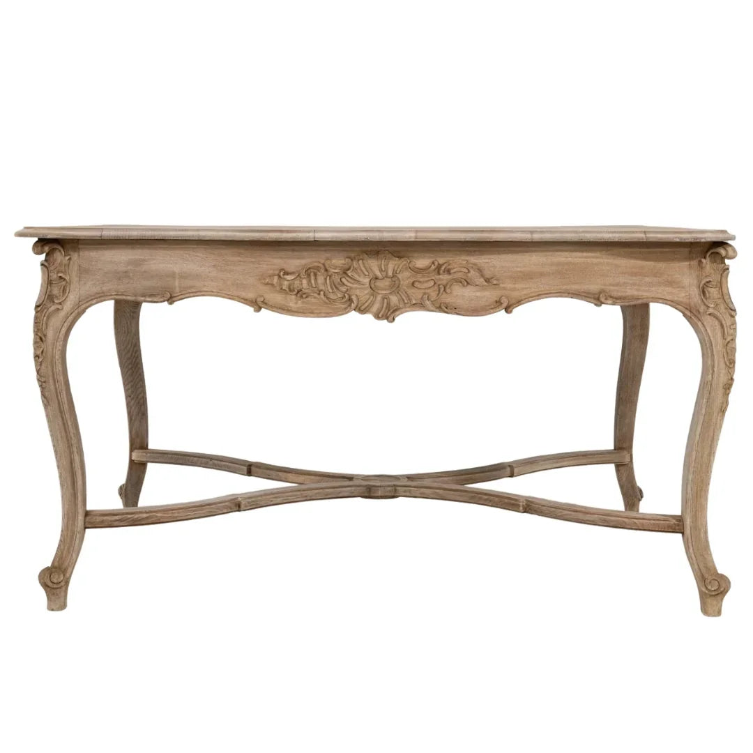 Elegant French country console table with ornate carvings and curved legs