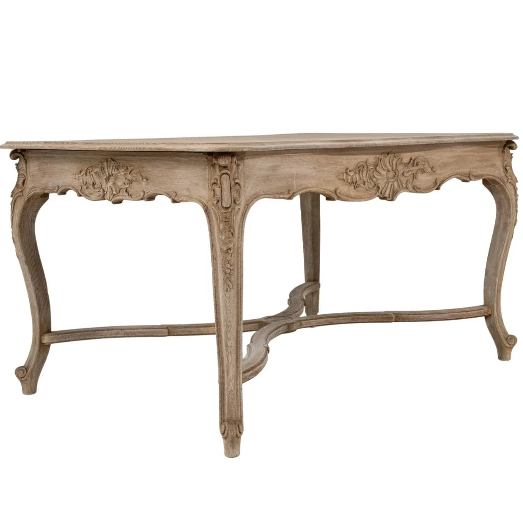 Elegant French country console table with ornate carvings and curved legs