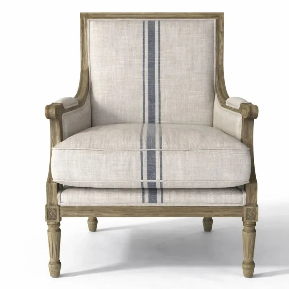 French country armchair with blue stripe upholstery and distressed wood frame