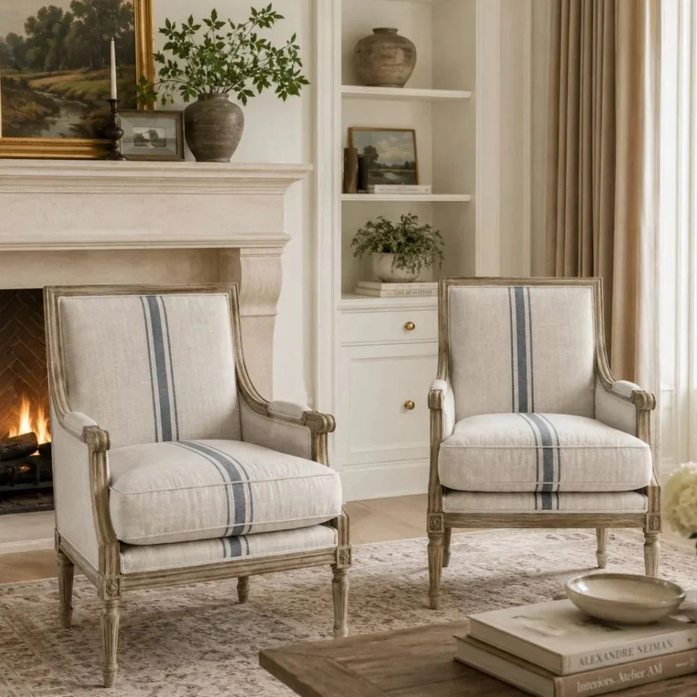 French Louis Blue Striped Natural Armchair