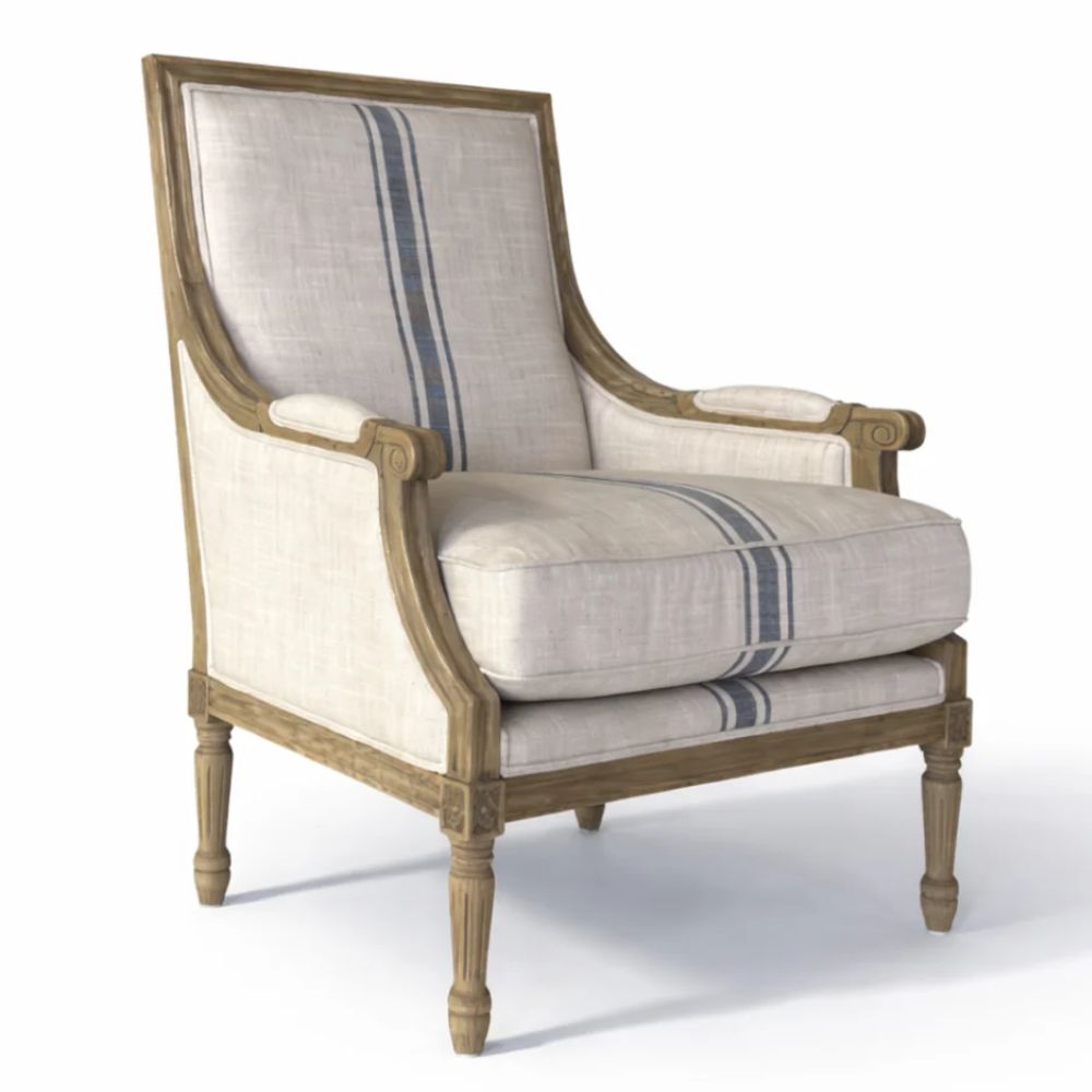 French Louis Natural Blue Striped Armchair