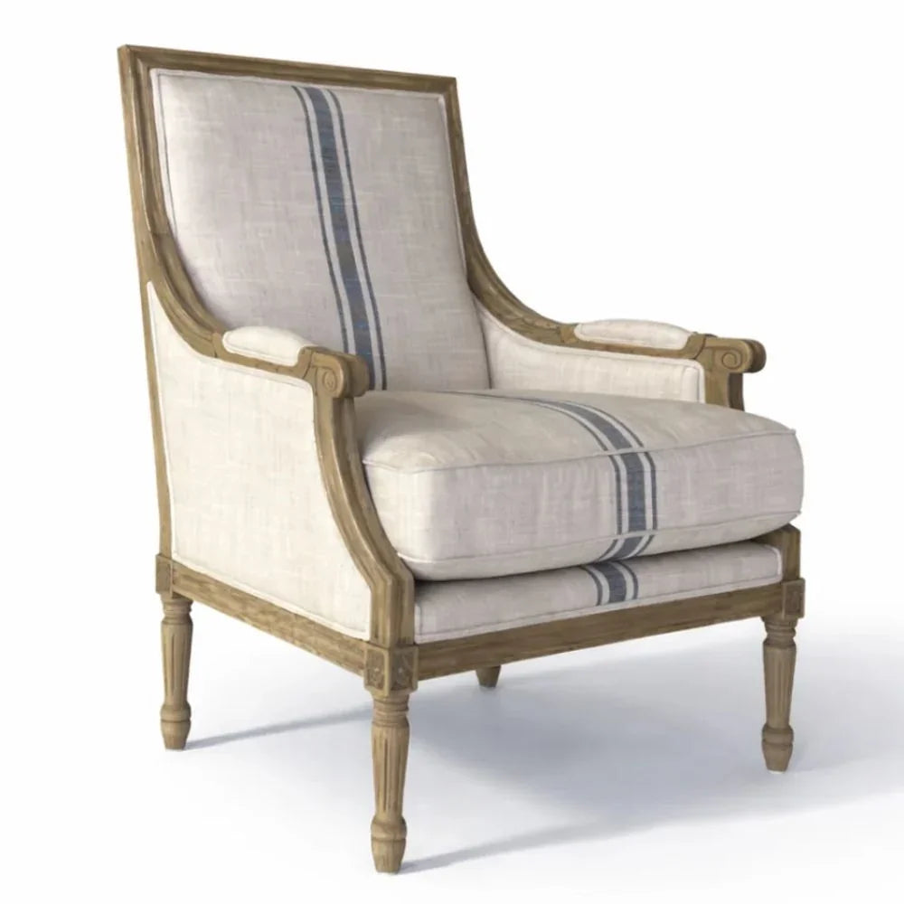 Elegant French country armchair with striped upholstery and carved wooden frame