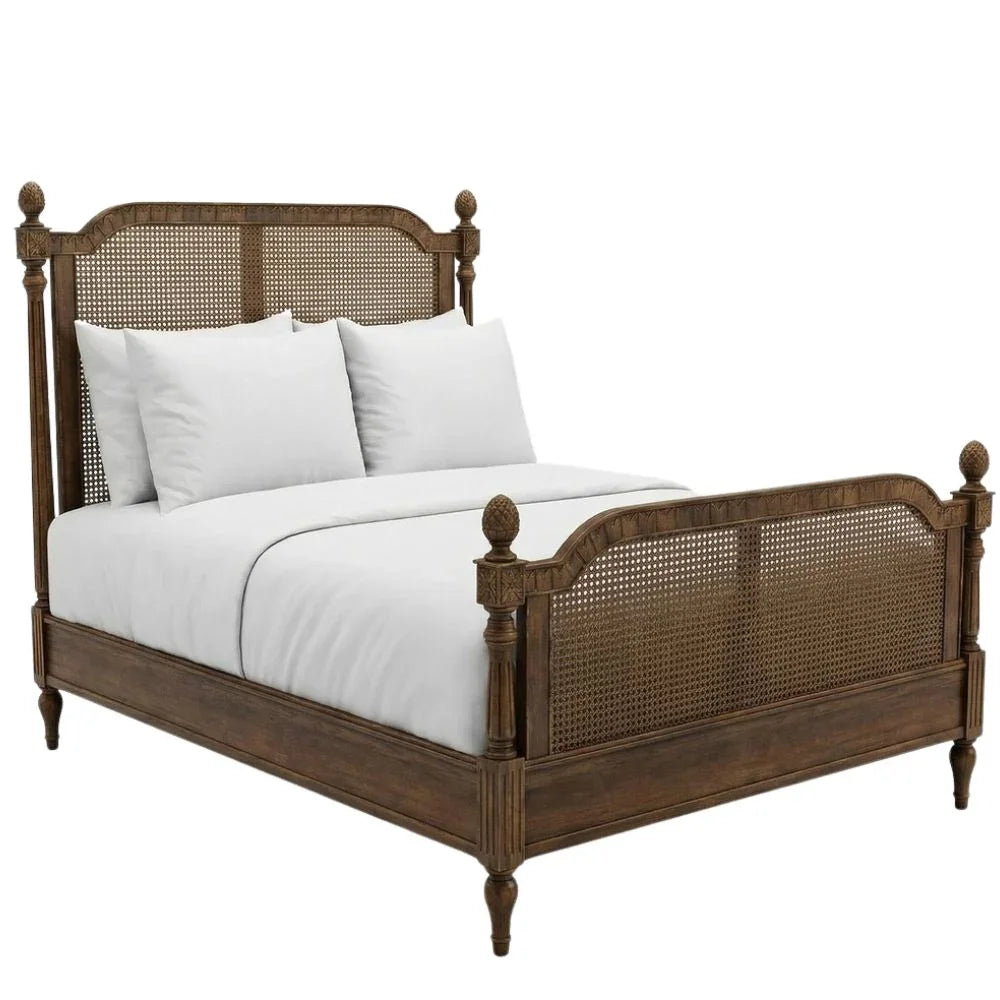 Rustic French brown stain wooden bed frame with cane panel headboard and footboard, French country style