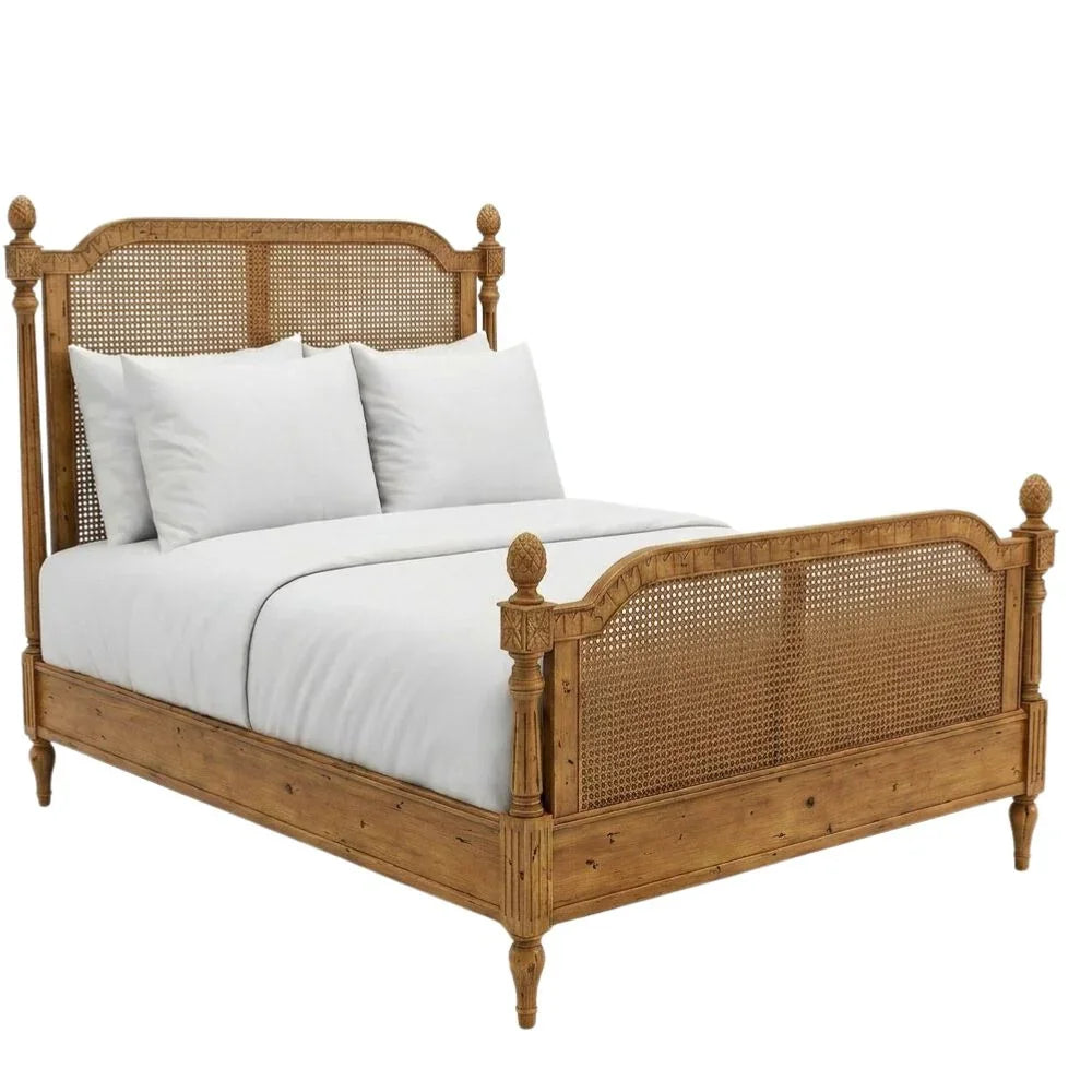 Rustic wooden bed frame with cane panel headboard and footboard, styled in farmhouse or coastal decor