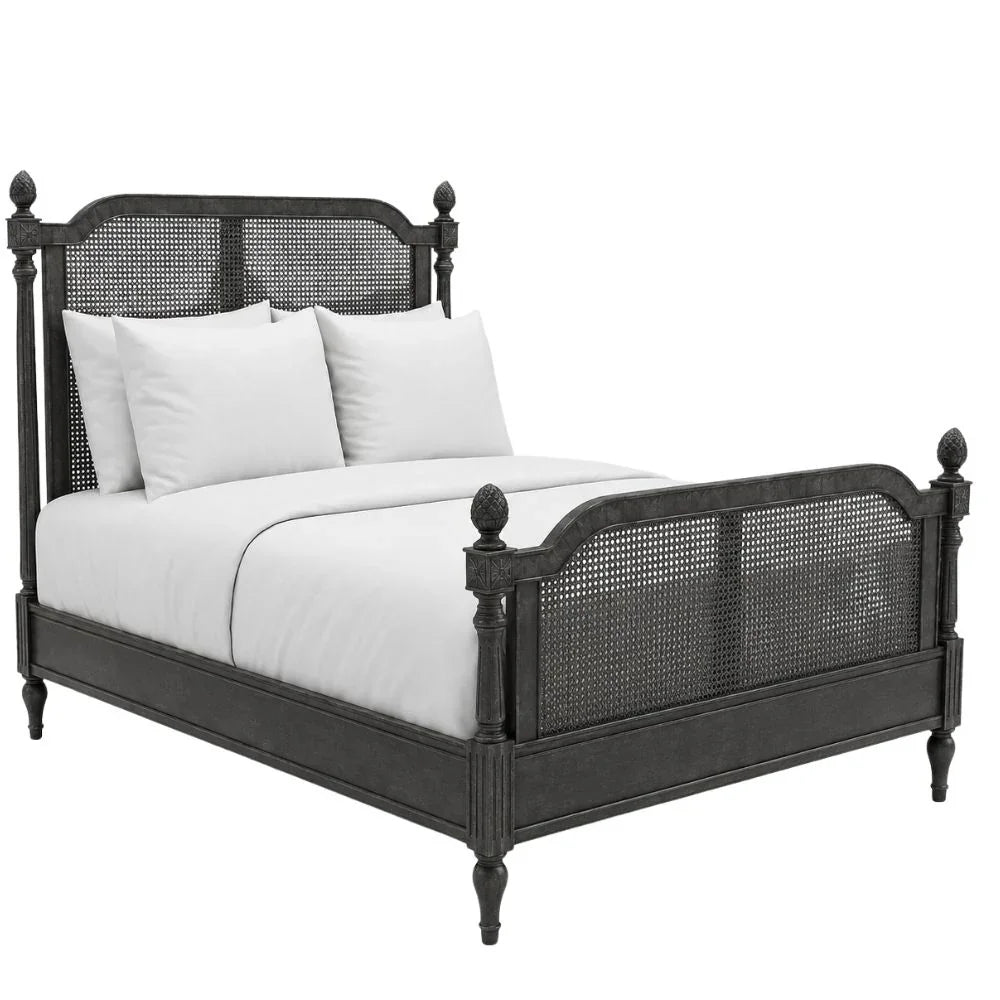 Black cane panel bed frame with turned posts, French country farmhouse style