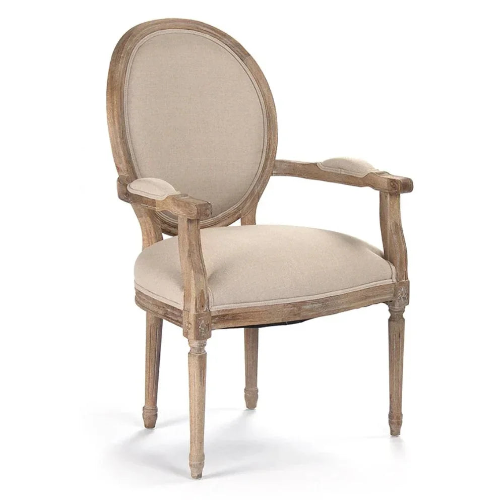 French country armchair with distressed wood frame and beige upholstery, elegant shabby chic design