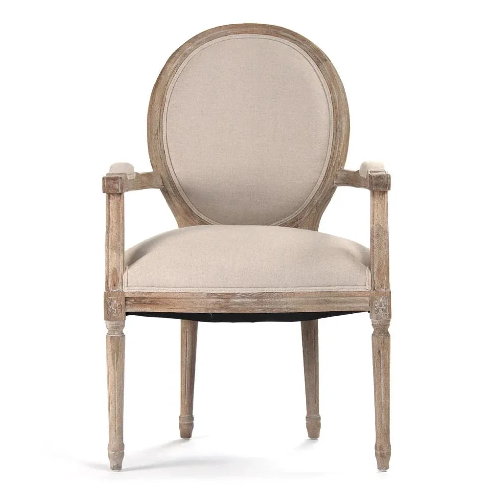 Elegant French country armchair with distressed wood and beige upholstery