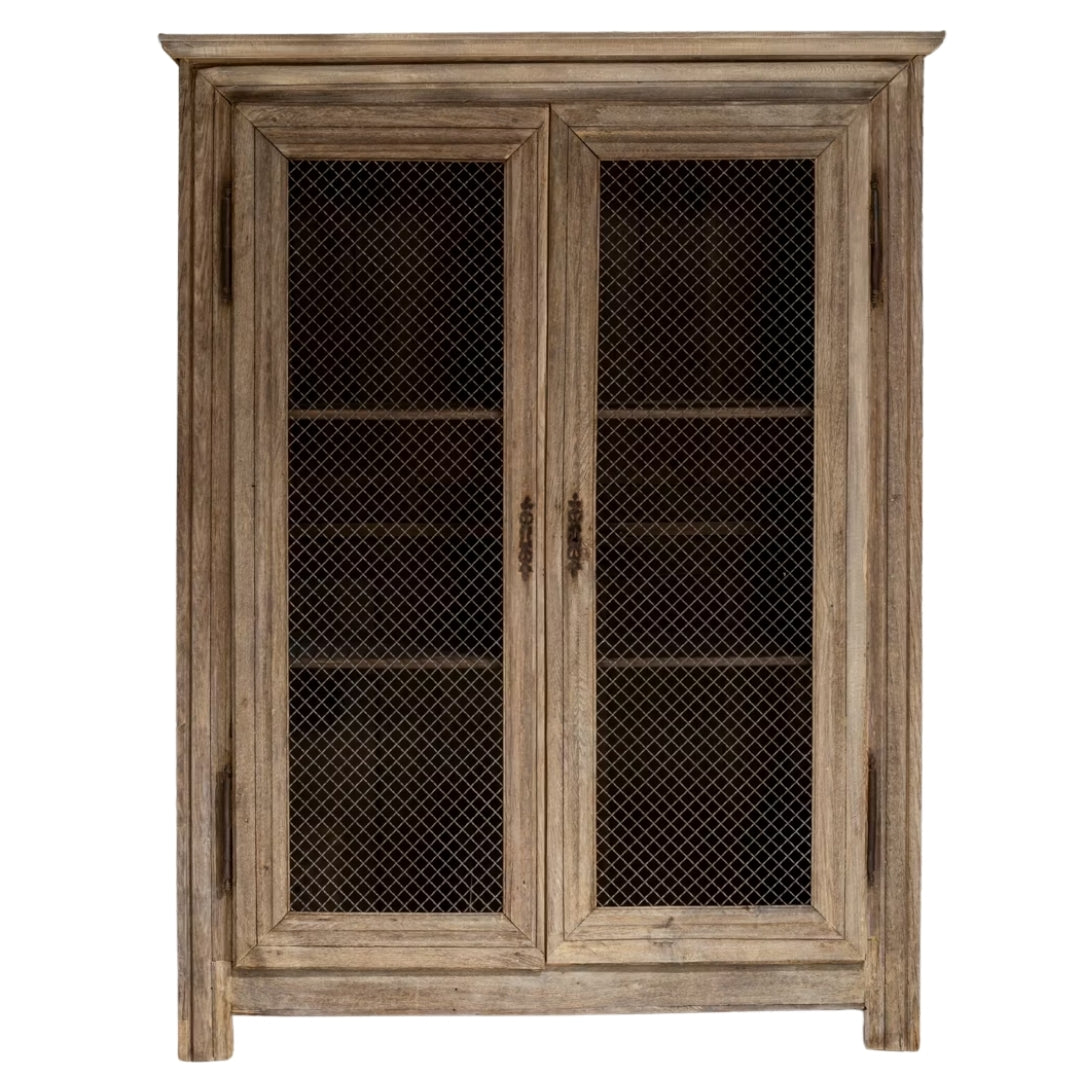 French Country Mesh Door Oak Cabinet, Circa 1820