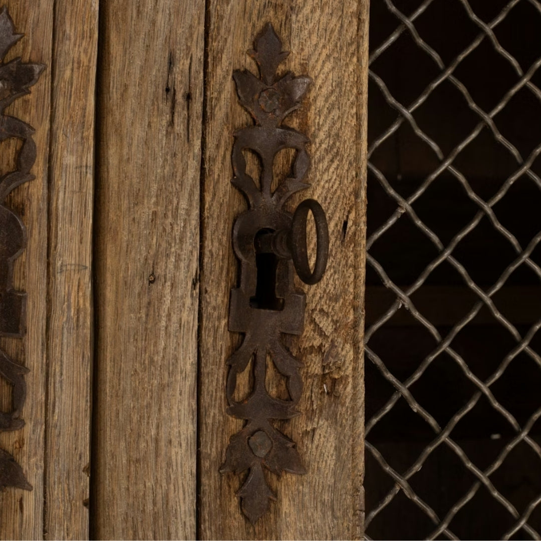 French Country Mesh Door Oak Cabinet, Circa 1820