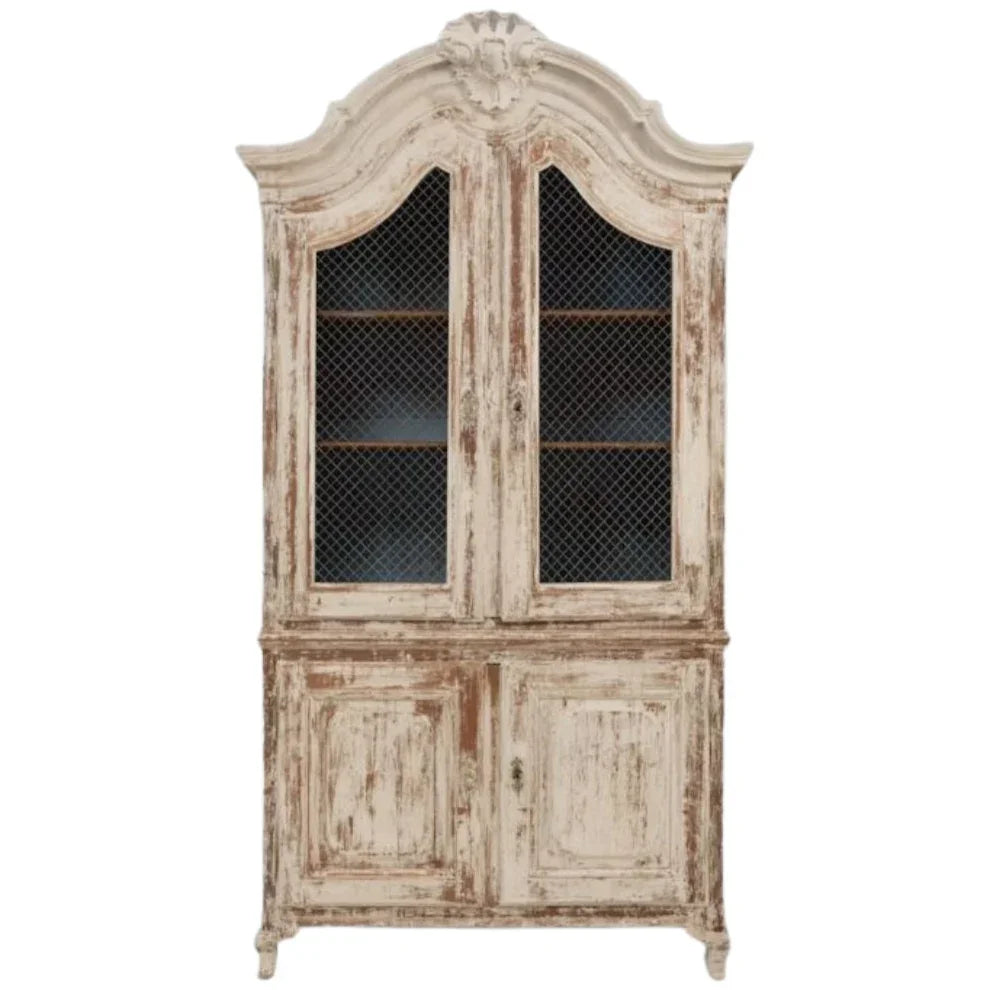 Arched French Patinated Chicken Wire-Door Cabinet, Circa 1840