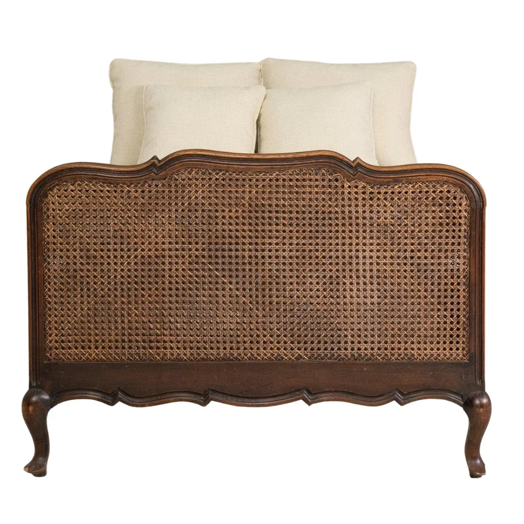 French Provincial Cane Daybed with Tufted Linen Cushion