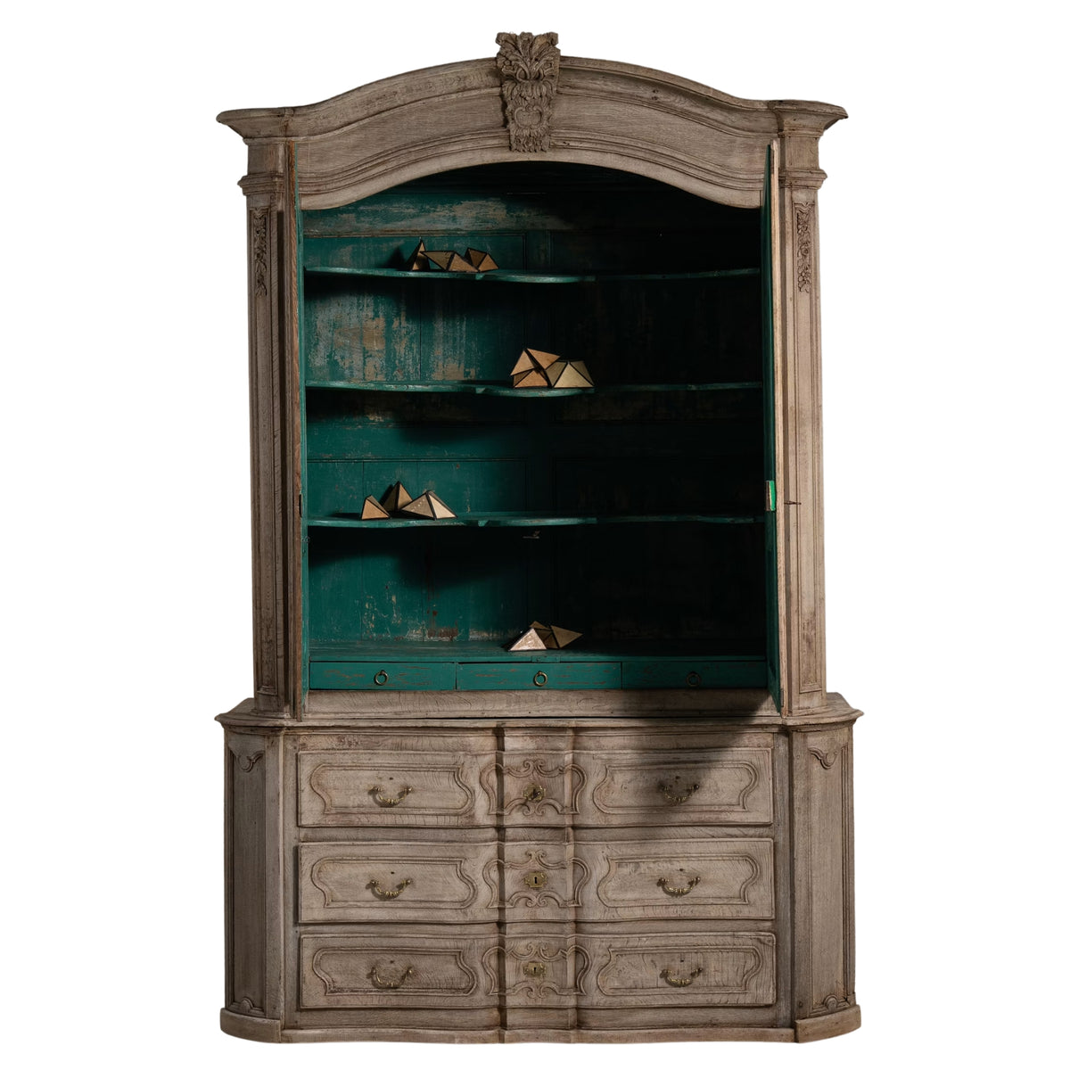 French Provincial Carved Oak Display Cabinet with Drawers, Circa 1800