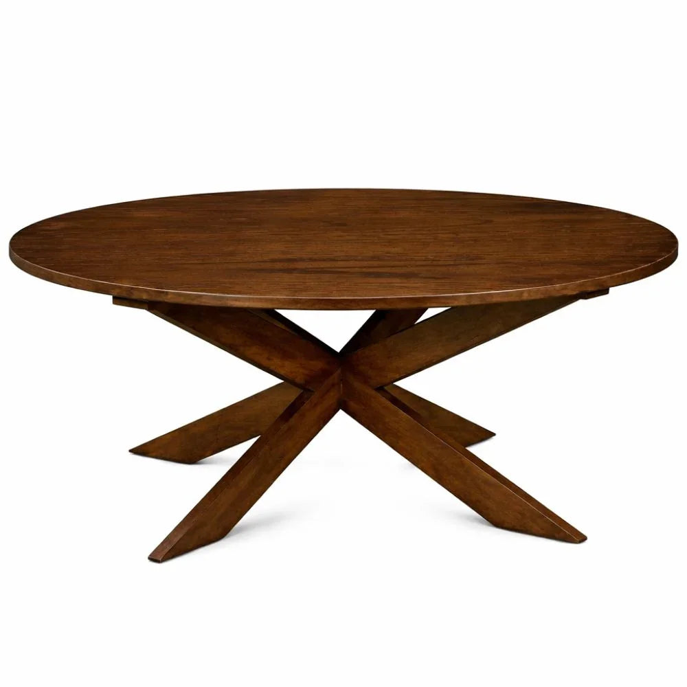 Round wooden dining table with X-base, rustic farmhouse style for modern or coastal interiors