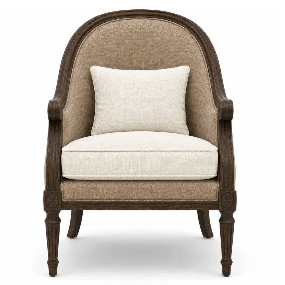 French country armchair with dark wood frame, beige upholstery, and cream cushion, perfect for shabby chic or farmhouse decor