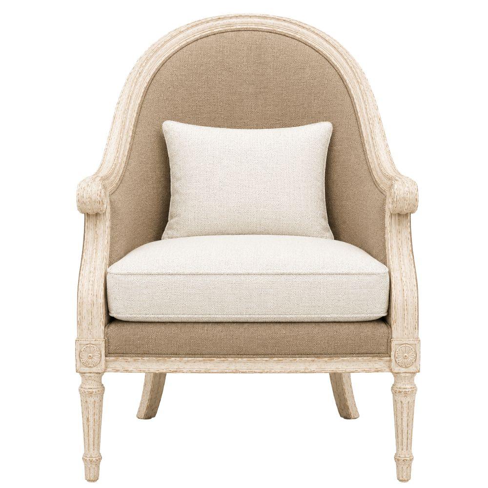Elegant French country armchair with cream upholstery and distressed white frame, perfect for shabby chic or farmhouse decor