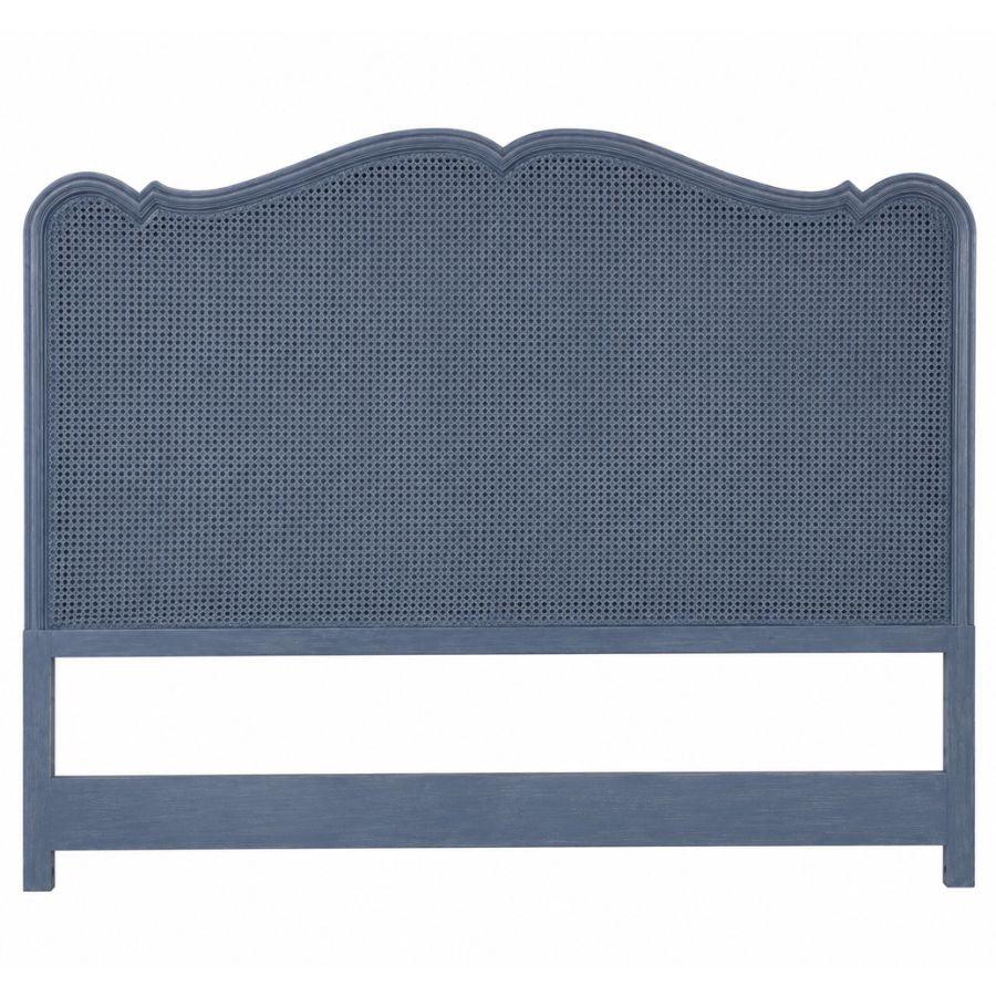 Blue cane headboard with scalloped top, French country farmhouse style bedroom furniture