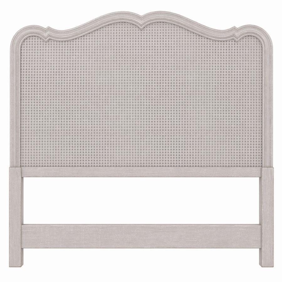 Gray cane panel headboard with scalloped top, French country farmhouse style bedroom furniture