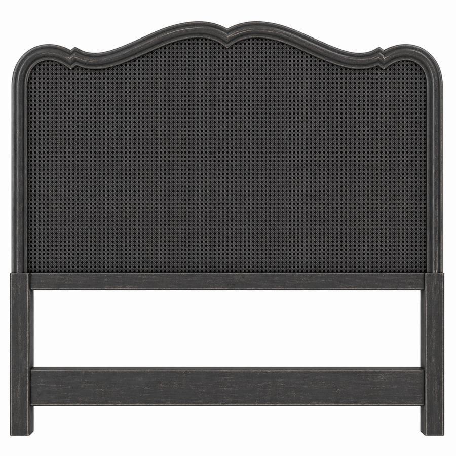 Black cane headboard with scalloped top, French country style bedroom furniture
