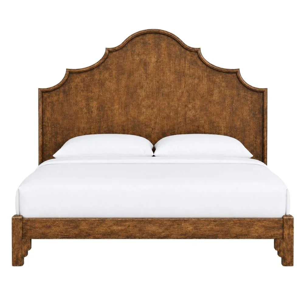 Rustic wooden bed frame with arched headboard, French country style, white bedding
