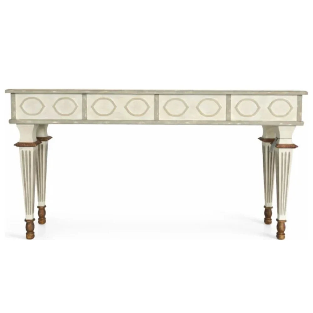 Elegant French country console table with distressed finish, fluted legs, and oval panel details