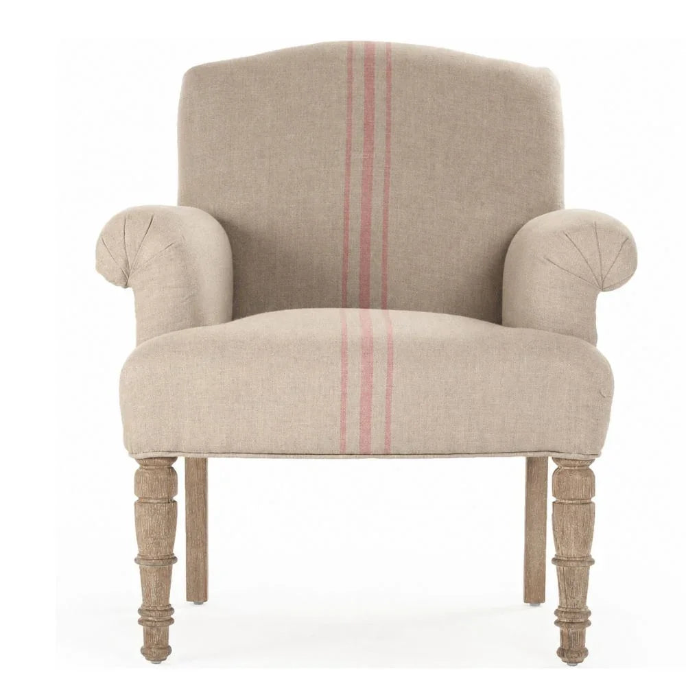 French country armchair with beige fabric, red stripes, and turned wooden legs