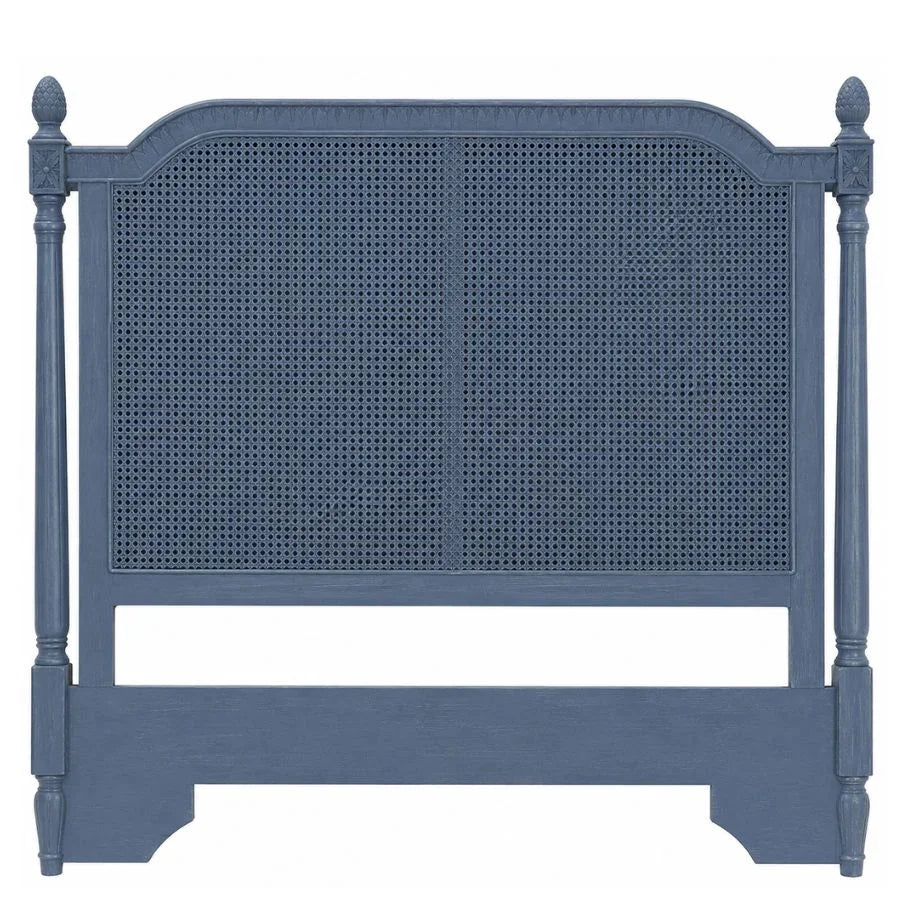Blue cane panel headboard with turned posts, French country farmhouse style bedroom furniture