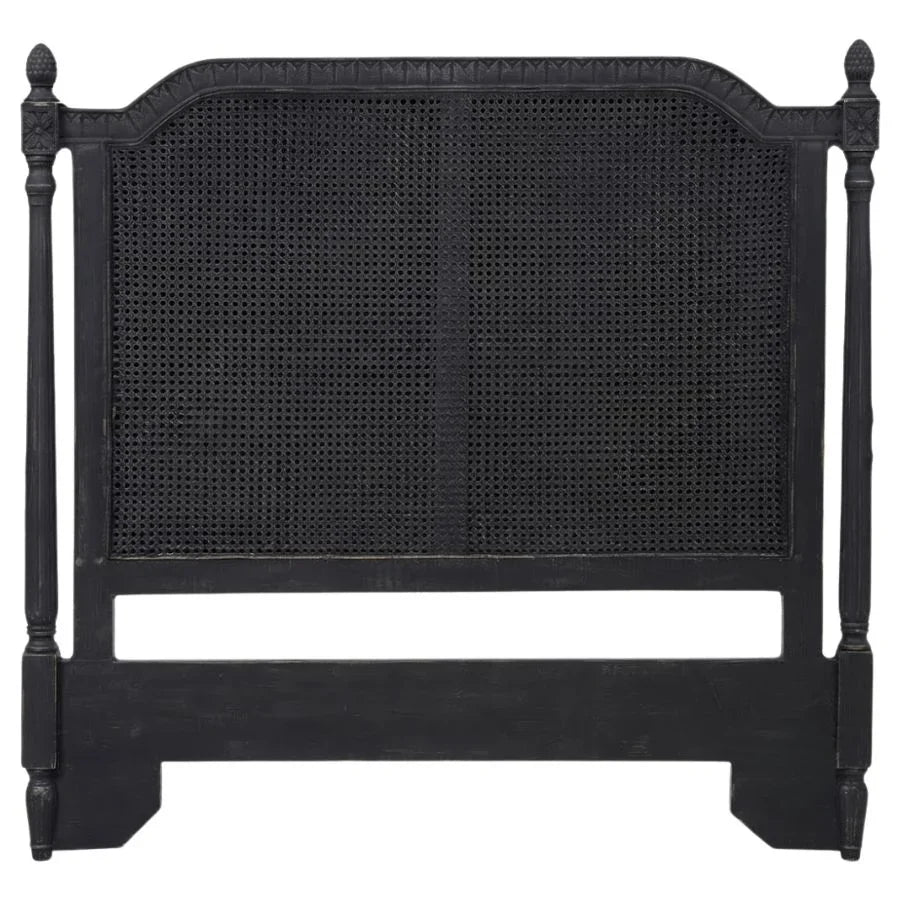 Black cane panel headboard with turned posts, French country farmhouse style bedroom furniture