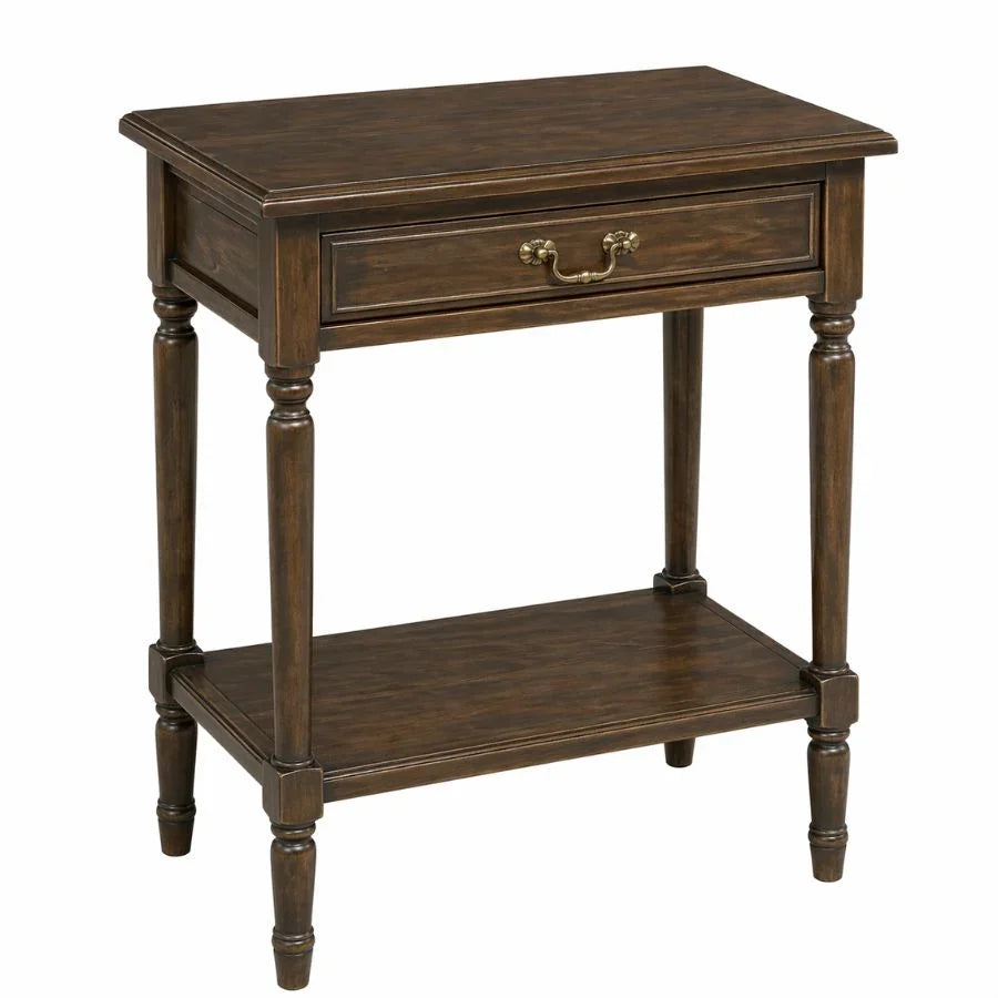 French country side table with drawer and lower shelf, dark wood finish, turned legs