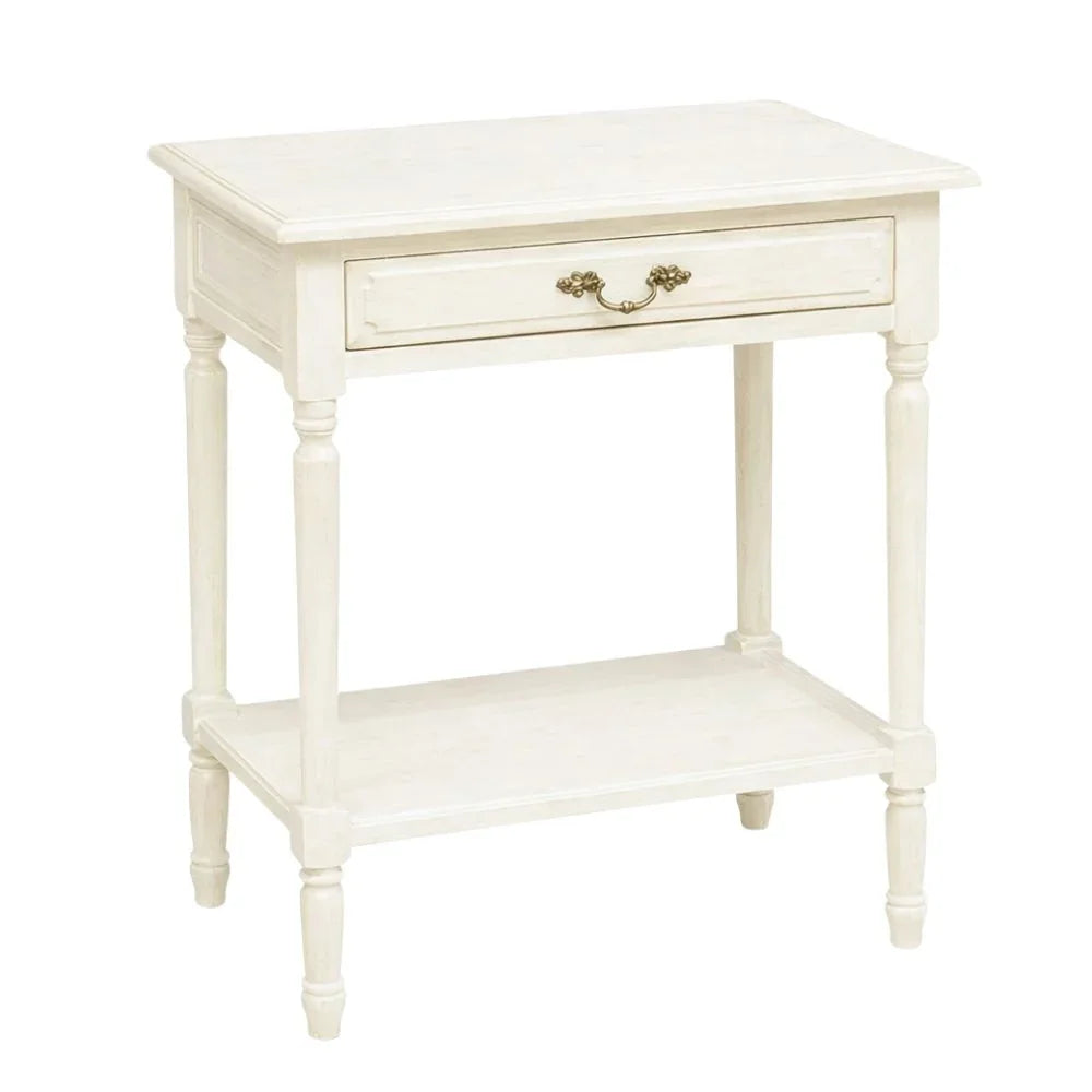 White French country side table with drawer and lower shelf, shabby chic style