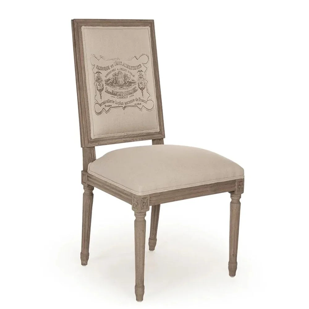 French country dining chair with vintage label print, shabby chic style, upholstered seat and turned legs