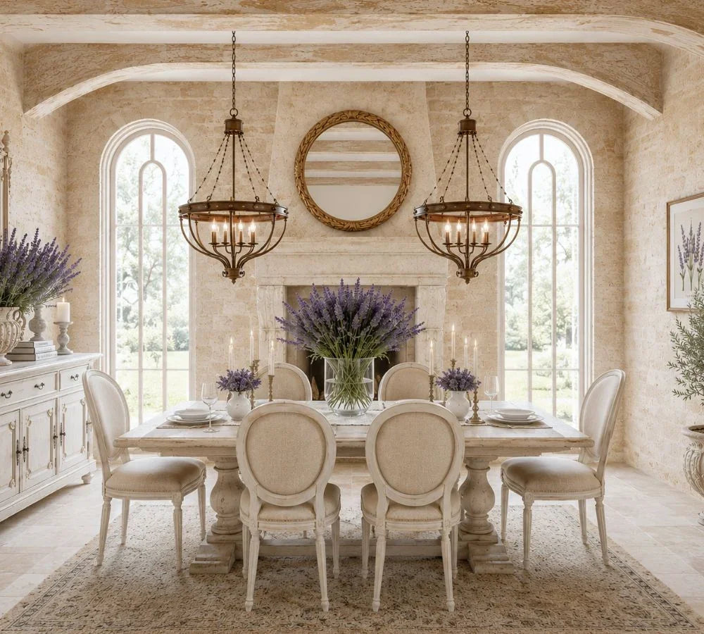 French country dining room with shabby chic table, chairs, chandeliers, and lavender decor