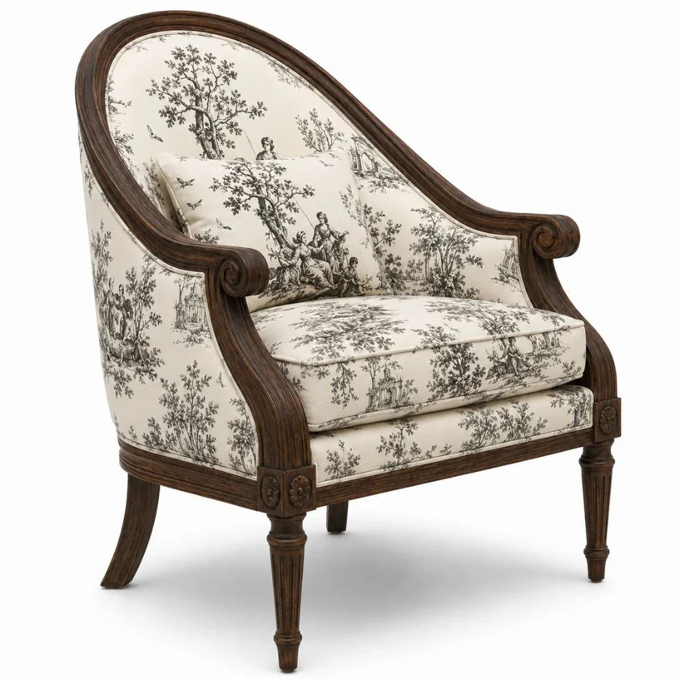 French country armchair with toile fabric and dark wood frame, elegant shabby chic design